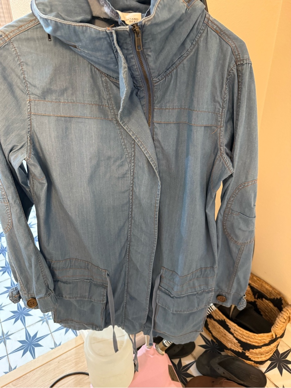 Mustard Seed Light Blue Denim Utility Jacket - Casual Hooded Coat
